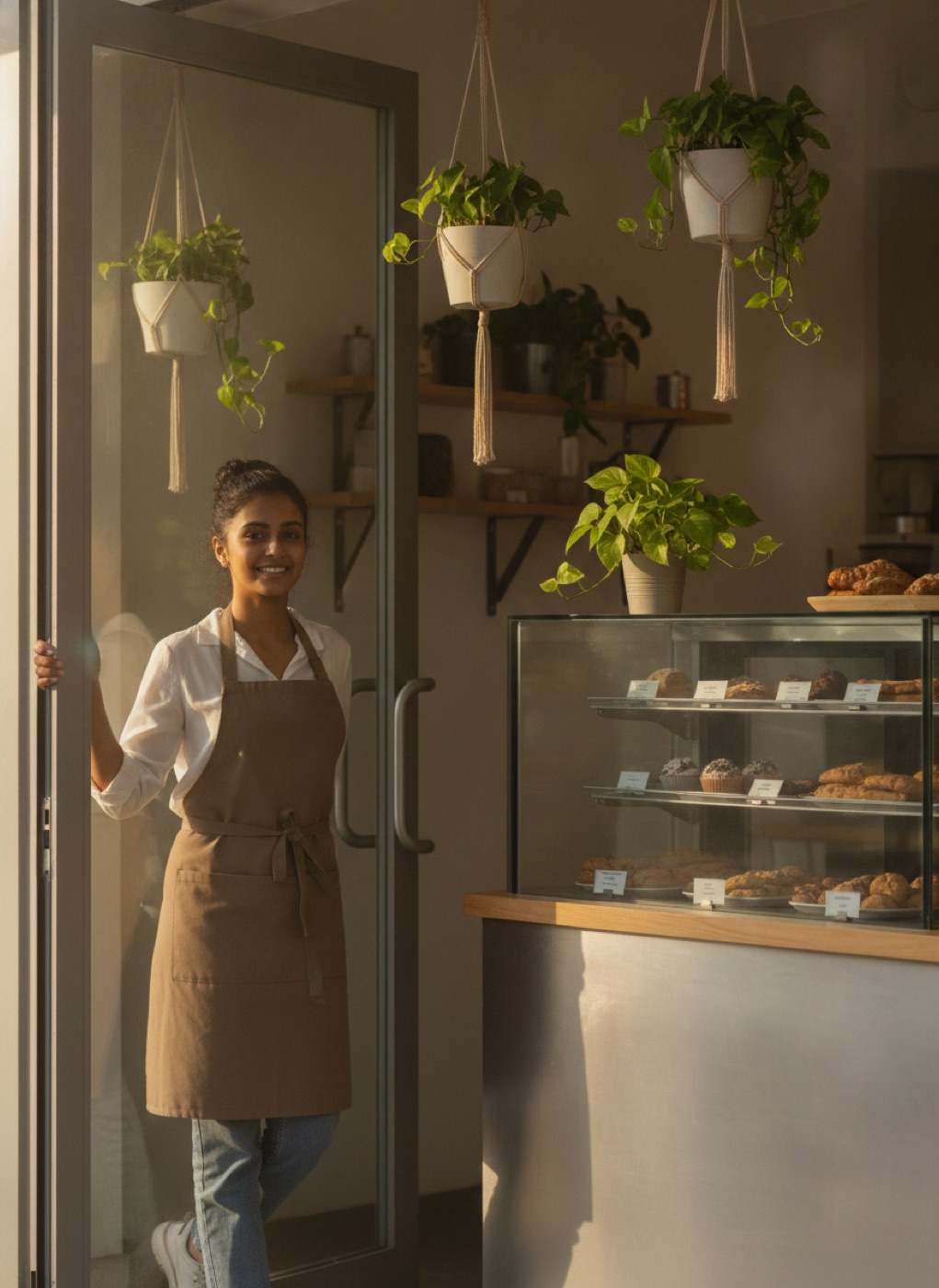 Café owner opening her café in the morning